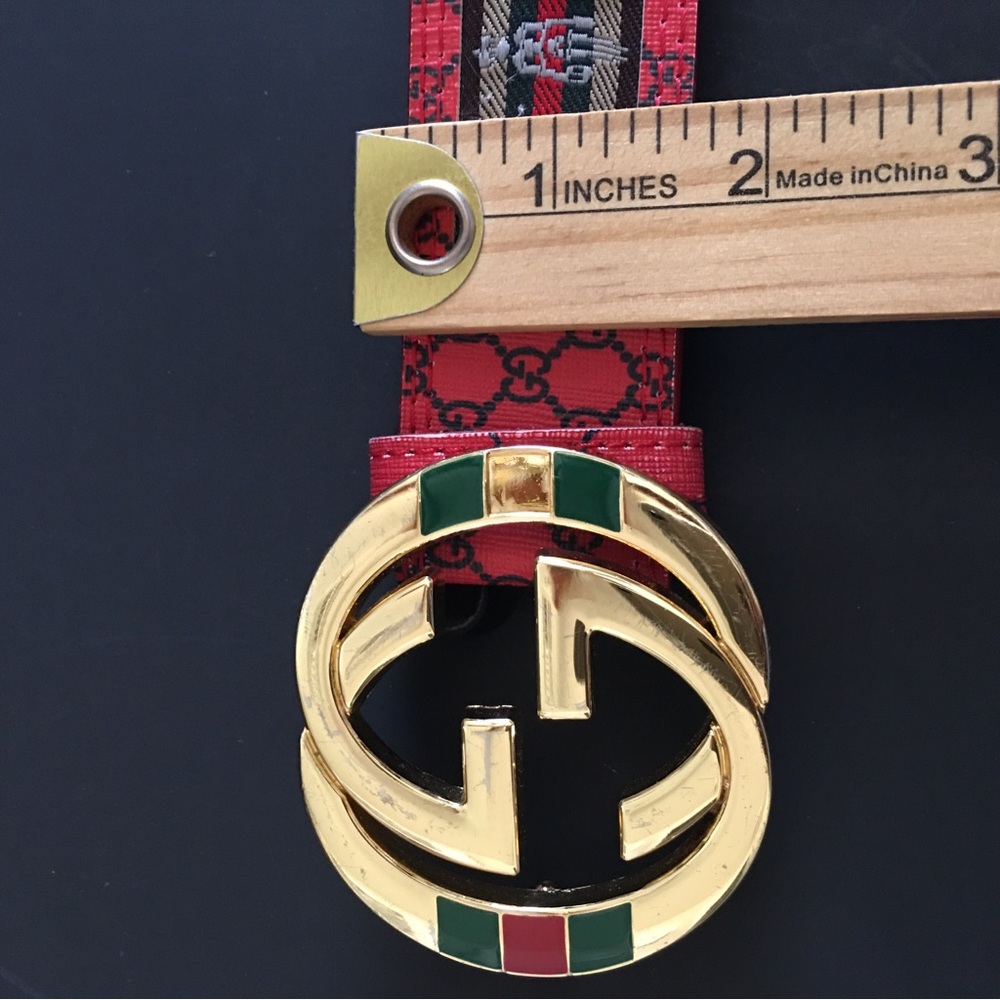 Gucci Leather Belt Red Green Beige Interlocking G Buckle 37-41 Waist - Picture 11 of 16